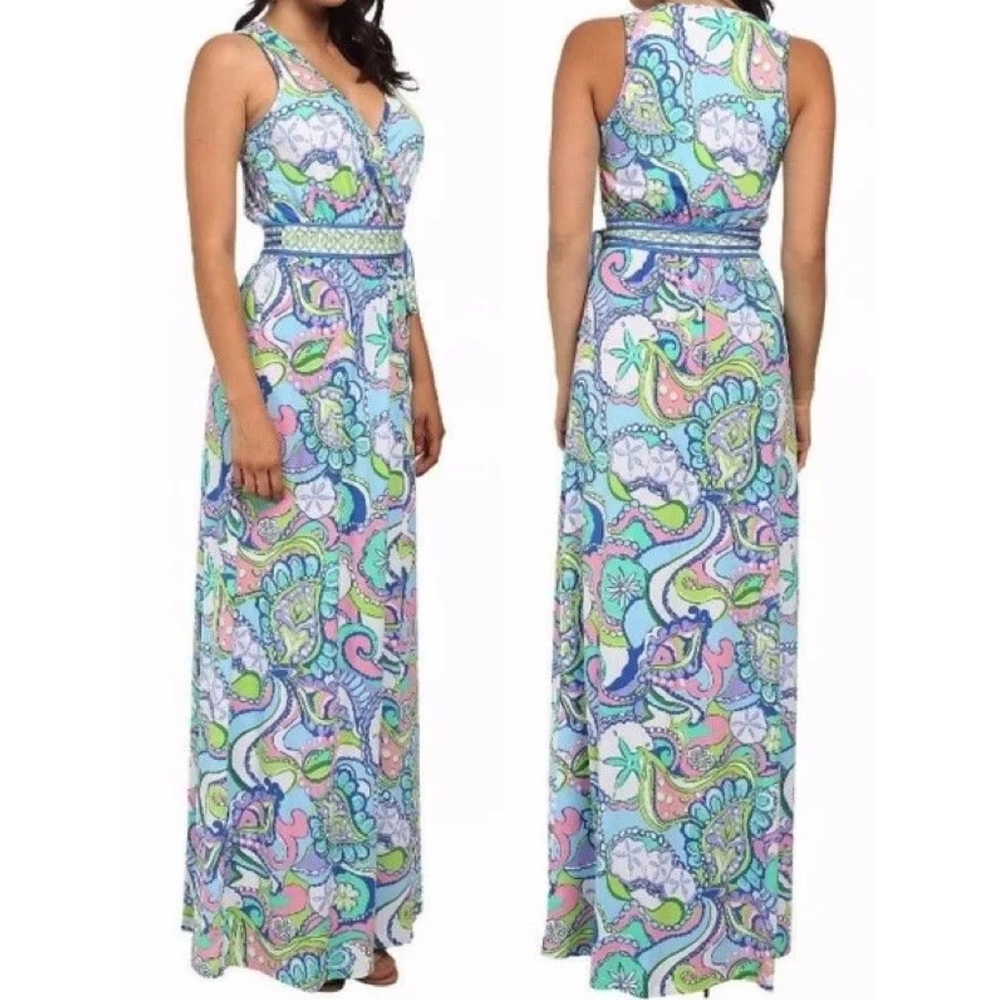 LILLY PULITZER  Bellina Maxi Wrap Dress in Conch Republic Multi Blue Shell M